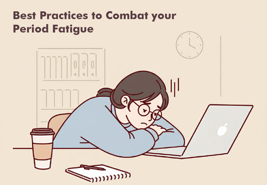 Illustration of a tired woman resting on her laptop with a coffee cup, highlighting best practices to combat period fatigue.