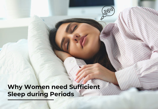 Illustration of a tired woman struggling to sleep during her menstrual period, showing exhaustion from hormonal changes and fatigue.