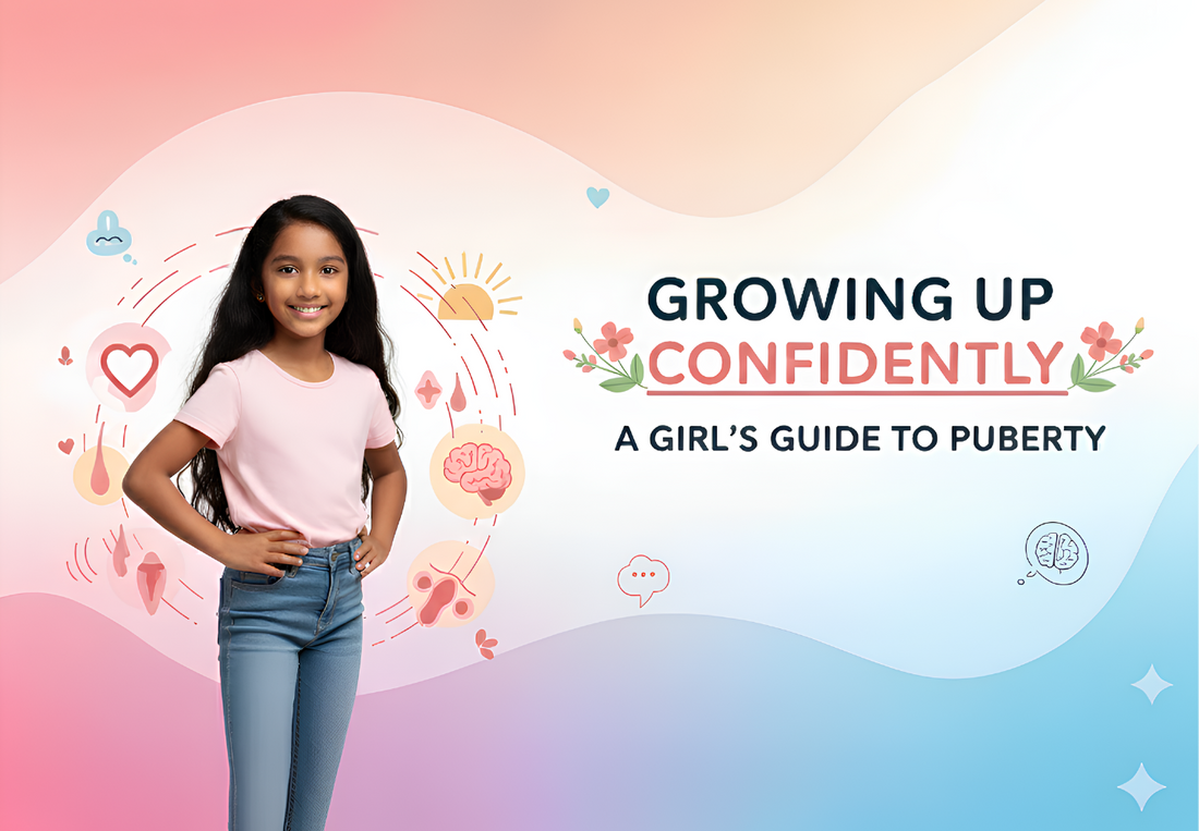 Young girl learning about puberty signs, Tanner stages, and emotional changes with parental support.