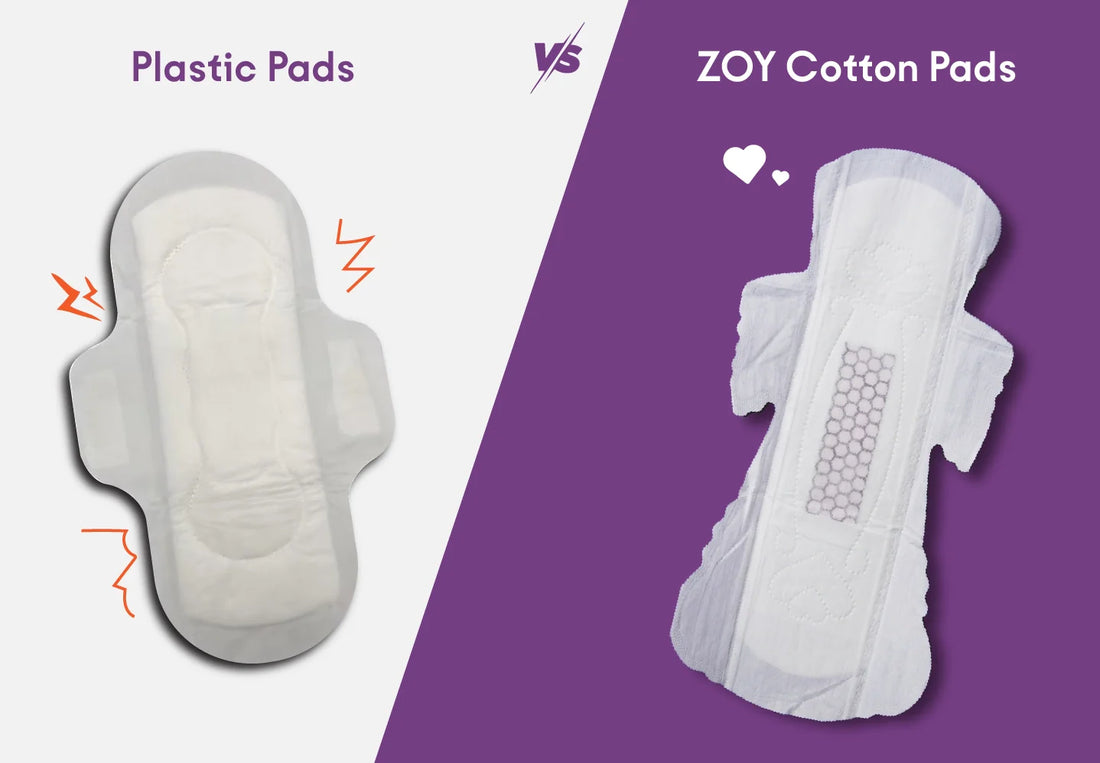 Side-by-side of organic cotton pad and synthetic pad showing breathable vs plastic layers