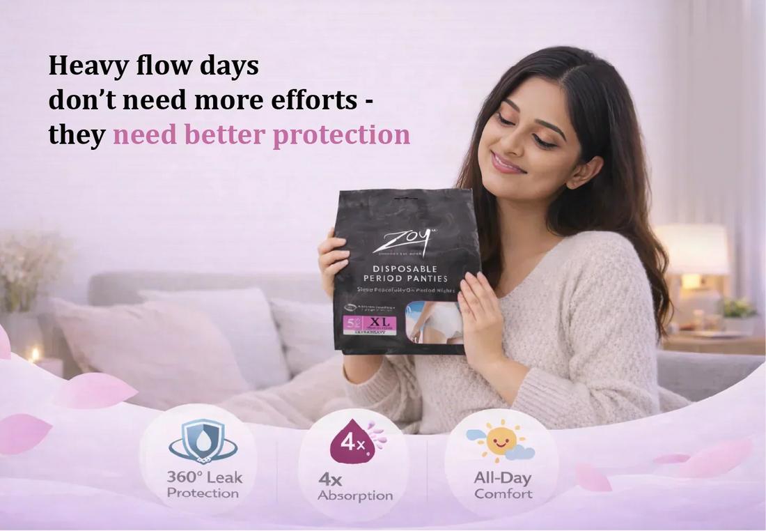 Woman managing heavy periods with comfortable leak protection support