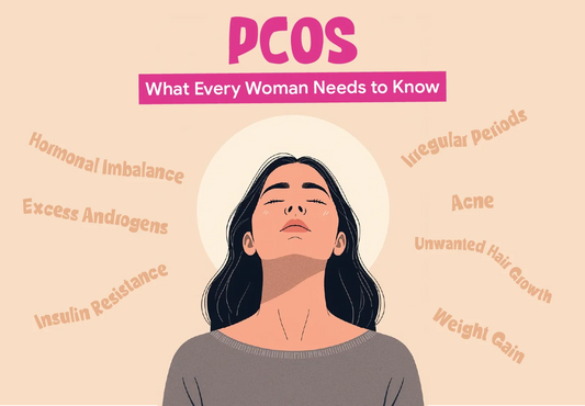 Woman holding her abdomen with PCOS symptoms including irregular periods and hormonal imbalance