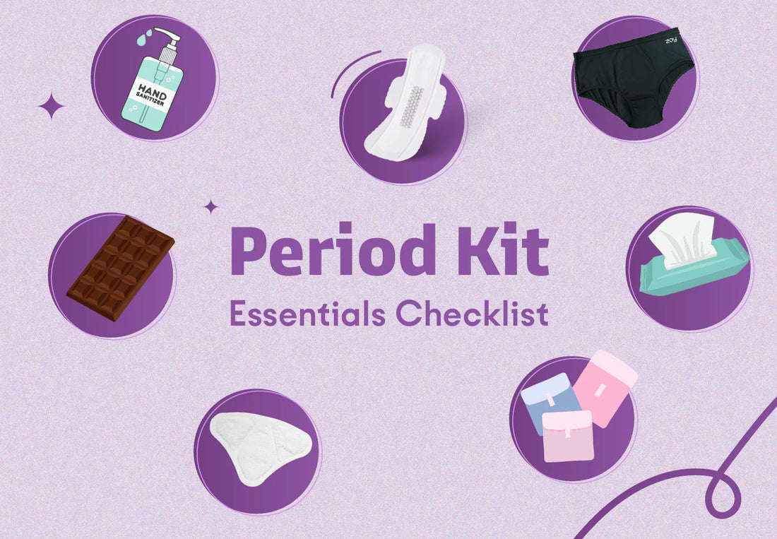 A flat lay of period kit essentials including pads, period panties, wipes, and hand sanitiser on a clean white background