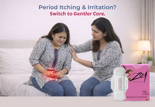 Woman experiencing period irritation while a friend comforts her, highlighting skin irritation during periods