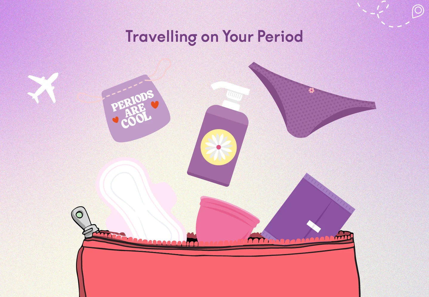 Woman packing a period travel kit into a backpack before a trip