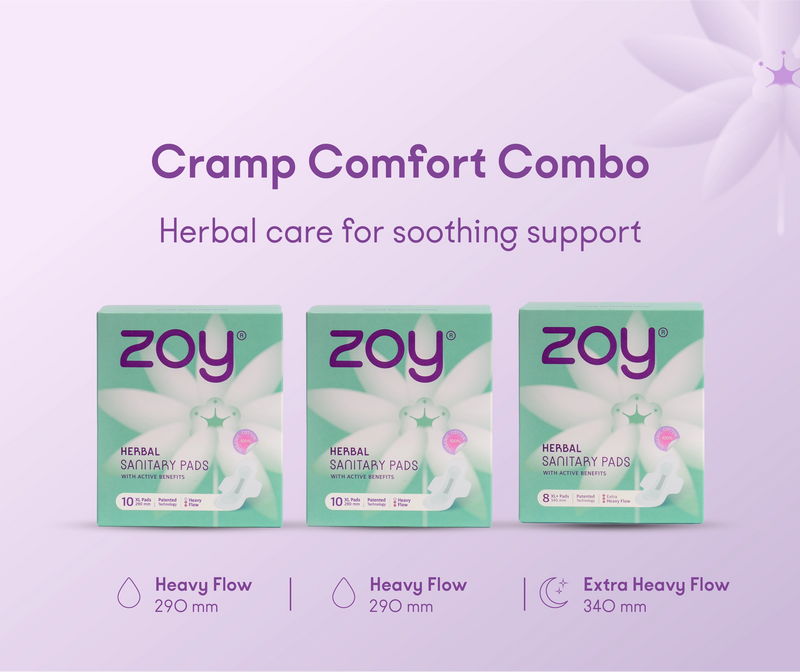 Zoycare Cramp Comfort Combo featuring menstrual pads and protectors, designed for comfort and protection during menstruation