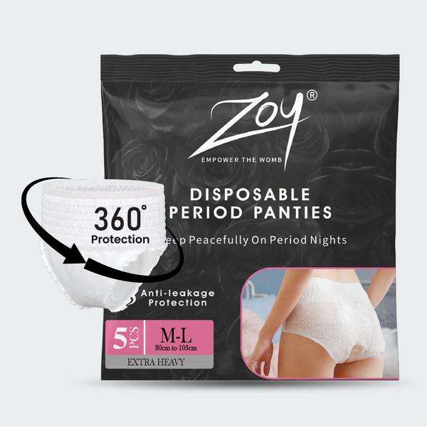 Zoy 360 disposable period panties pack angle view - organic cotton period diaper for women with heavy flow