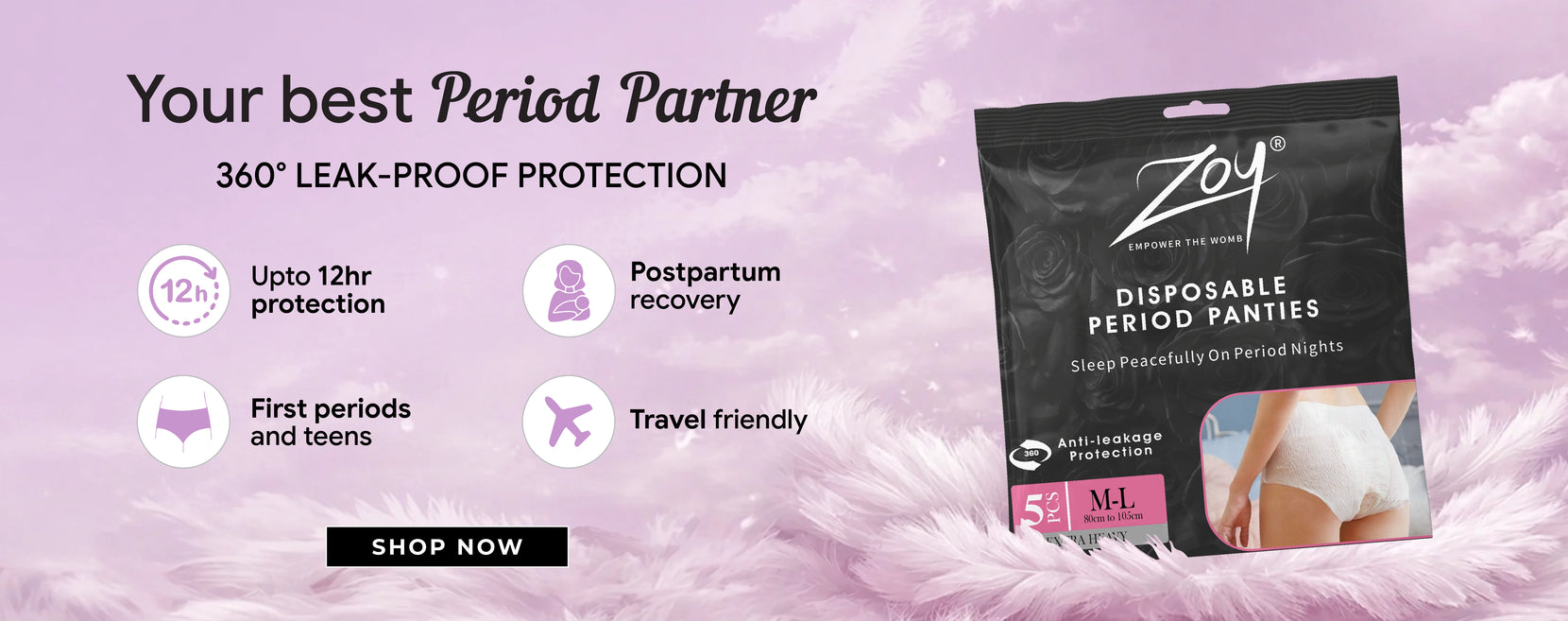 Zoy Disposable Period Panties - 360 degree leak-proof protection, up to 12 hours wear, travel friendly, postpartum recovery and teen use