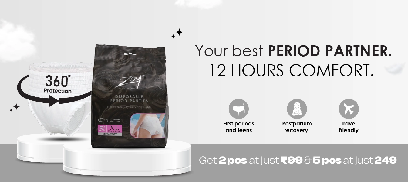 ZOY disposable period panties with 360 degree leak protection - ideal for teens, postpartum recovery and travel, starting at just ₹99