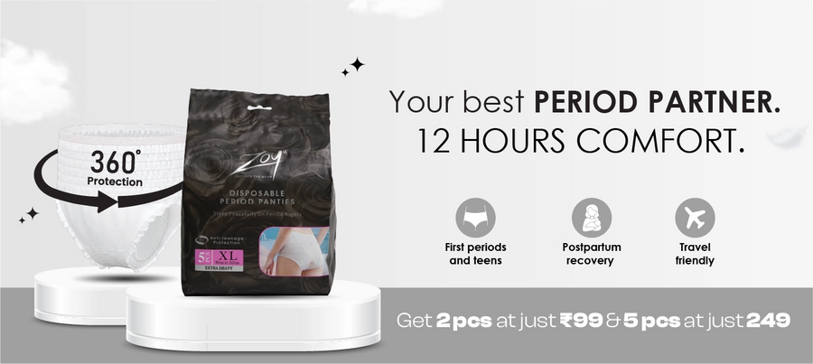 ZOY disposable period panties with 360 degree leak protection - ideal for teens, postpartum recovery and travel, starting at just ₹99