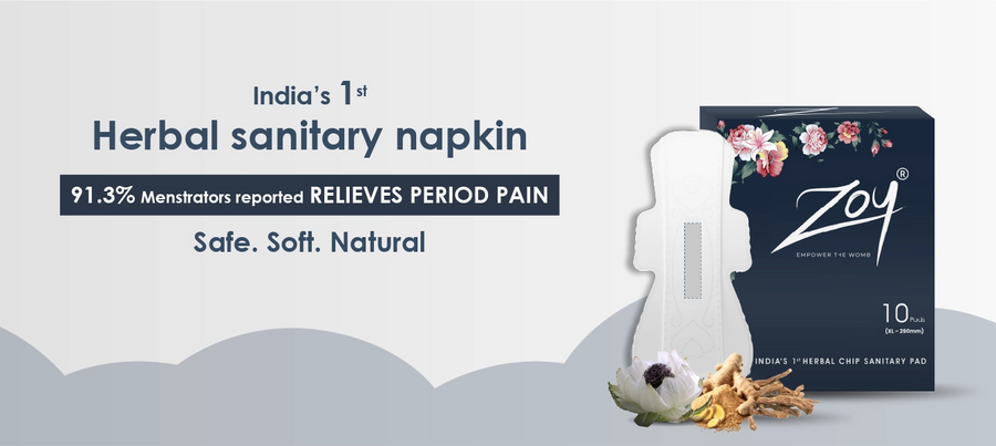 ZOY India's first herbal sanitary napkin - 91.3% of users reported period pain relief, made with natural and ayurvedic ingredients