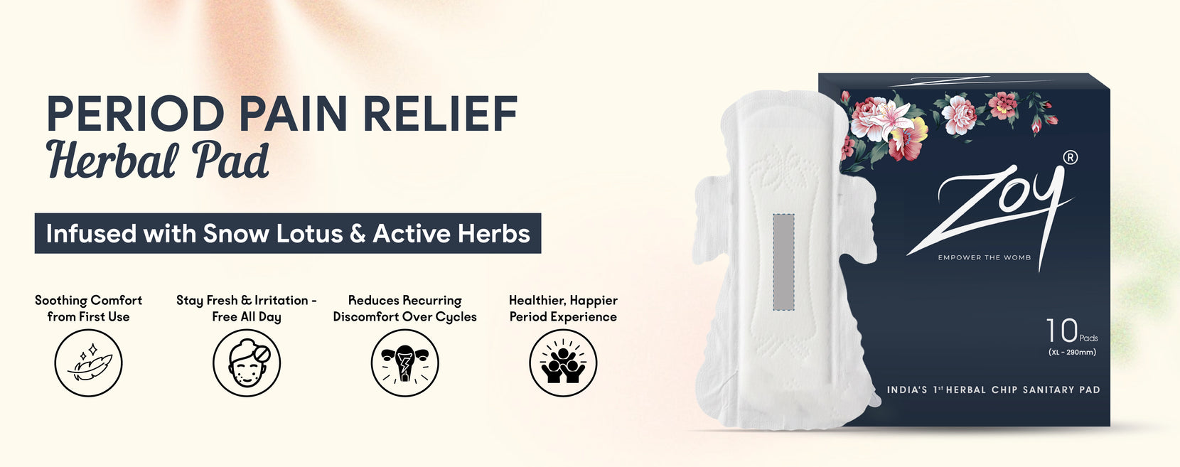 Zoy Herbal Sanitary Pad infused with Snow Lotus and active herbs - period pain relief, reduces cramps, irritation-free and fresh all day