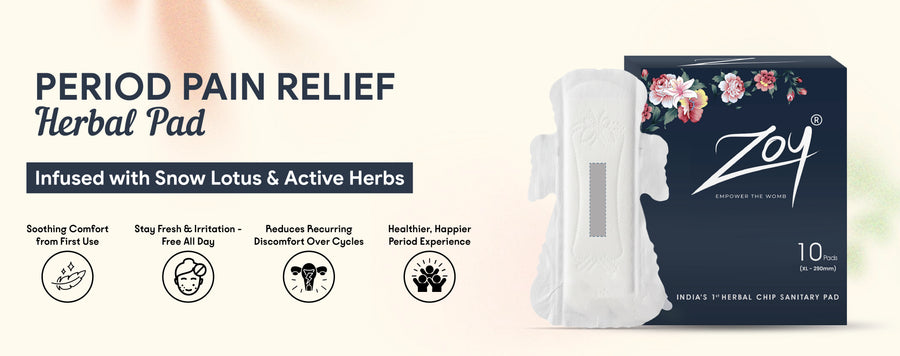 Zoy Herbal Sanitary Pad infused with Snow Lotus and active herbs - period pain relief, reduces cramps, irritation-free and fresh all day