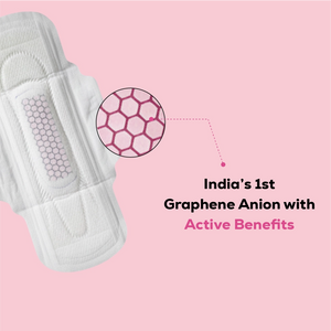 Close-up of Zoy sanitary pad graphene anion chip - India's first graphene anion medicated chip pad with active health benefits and hexagonal anion strip