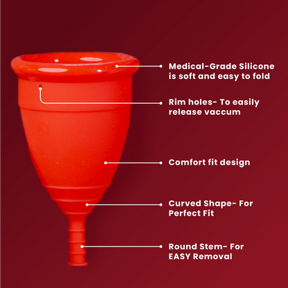 Detailed diagram of ZOY menstrual cup design showing leak-proof rim, soft body and flexible stem for comfortable period wear