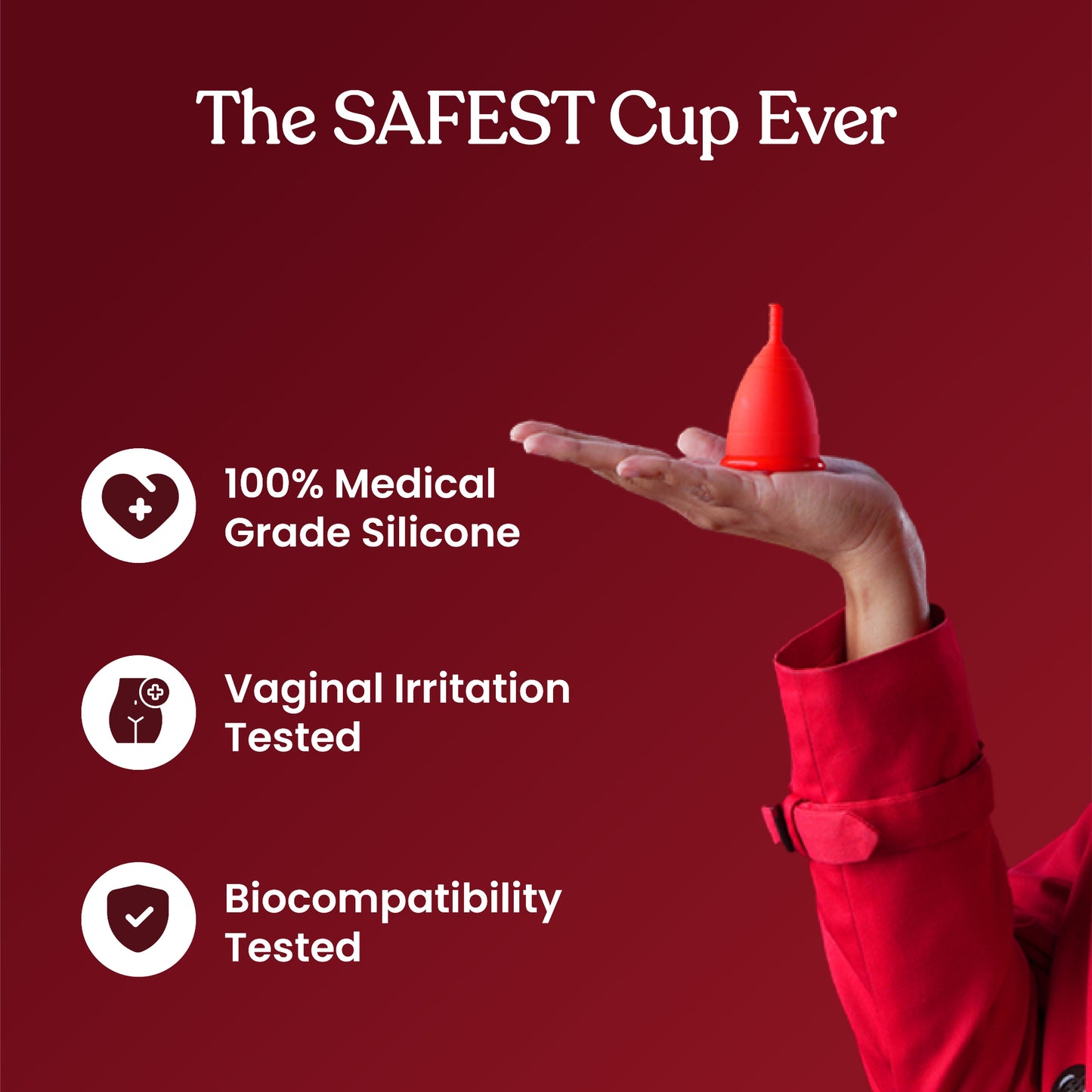 ZOY menstrual cup held in hand showing soft flexible silicone