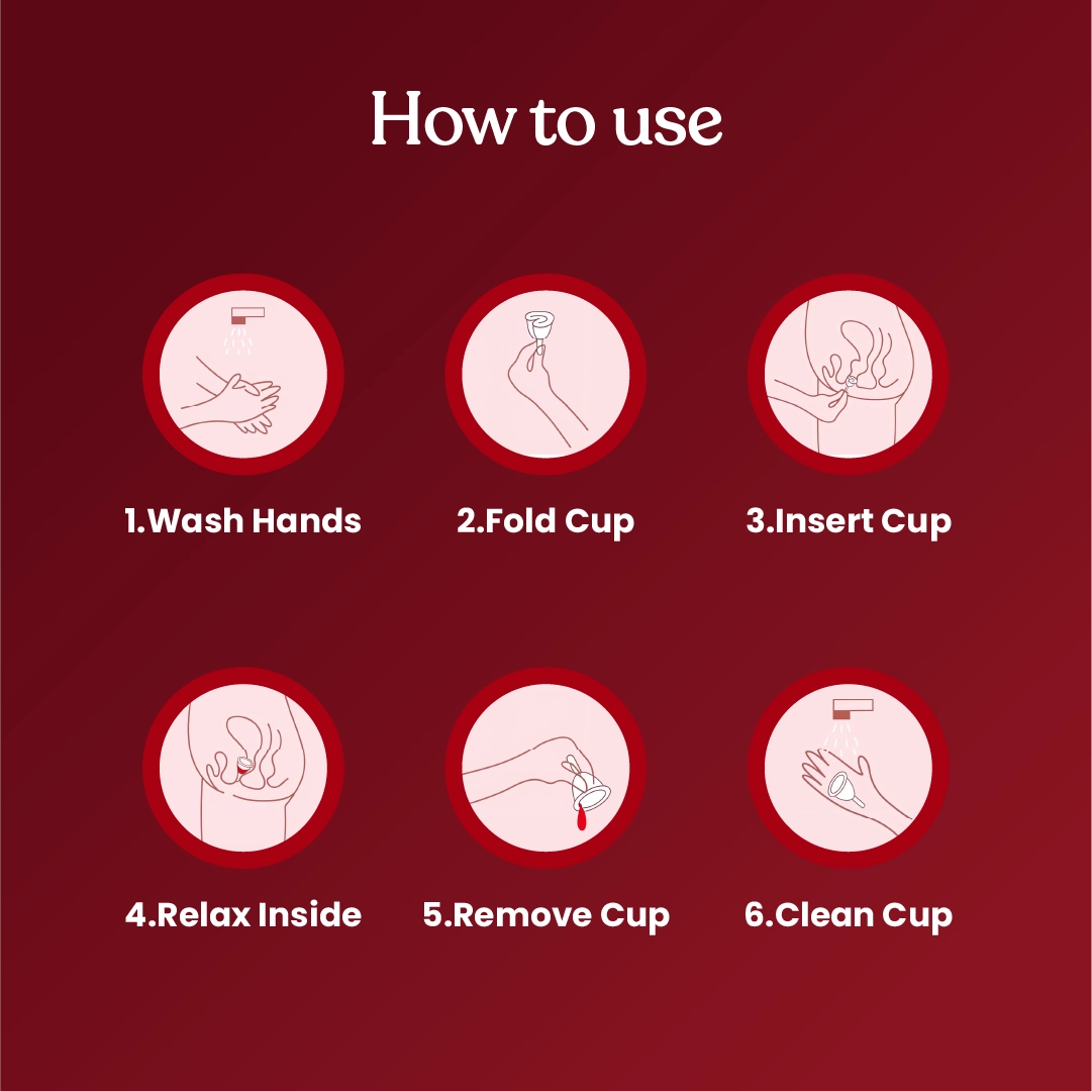 Step-by-step guide on how to use ZOY menstrual cup fold, insert, open and remove instructions for first-time users