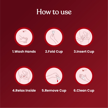 Step-by-step guide on how to use ZOY menstrual cup fold, insert, open and remove instructions for first-time users