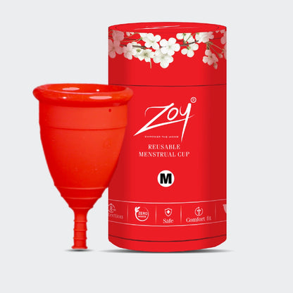 ZOY menstrual cup with its red storage box - reusable period cup packaged in eco-friendly branded packaging