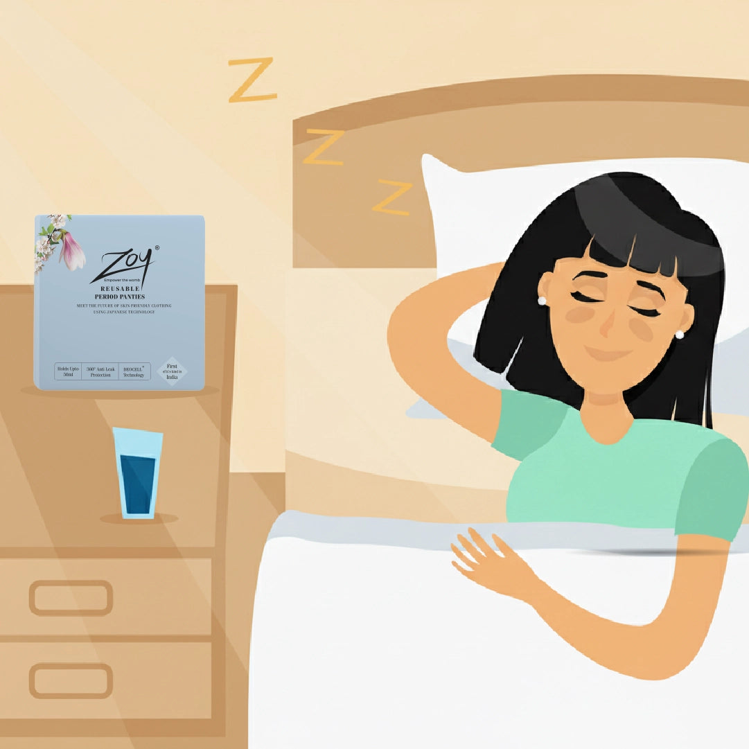 Illustration of a woman sleeping comfortably wearing ZOY period underwear overnight leak protection for heavy flow
