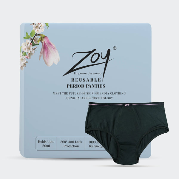 ZOY reusable period panty in black, front view with teal eco-friendly packaging