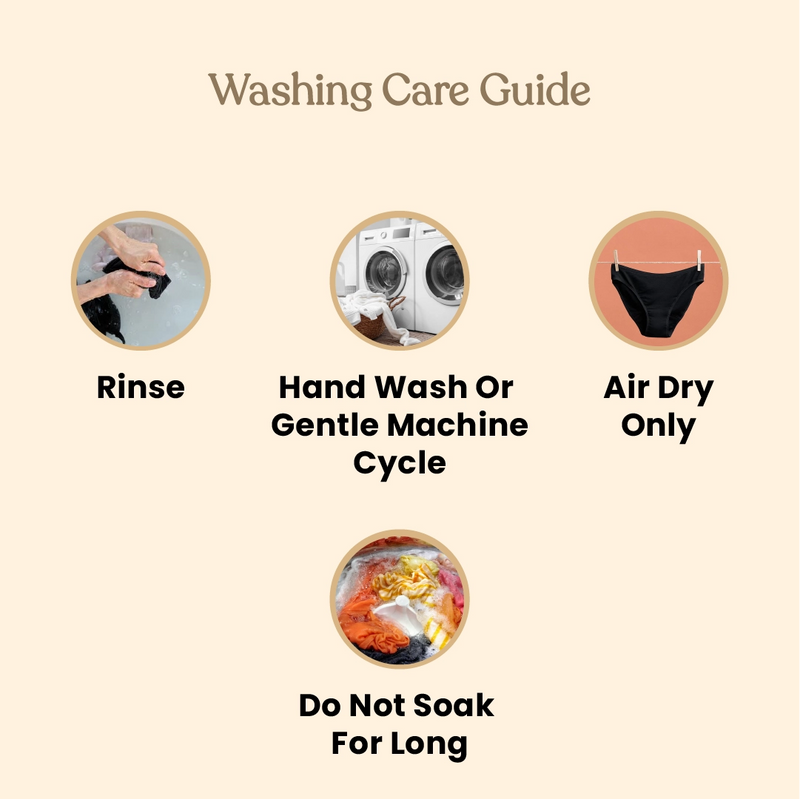 ZOY period panty washing care guide rinse, hand wash or machine wash, and air dry instructions for long-lasting use