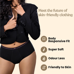 Woman wearing ZOY black reusable period underwear comfortable fit for heavy flow days