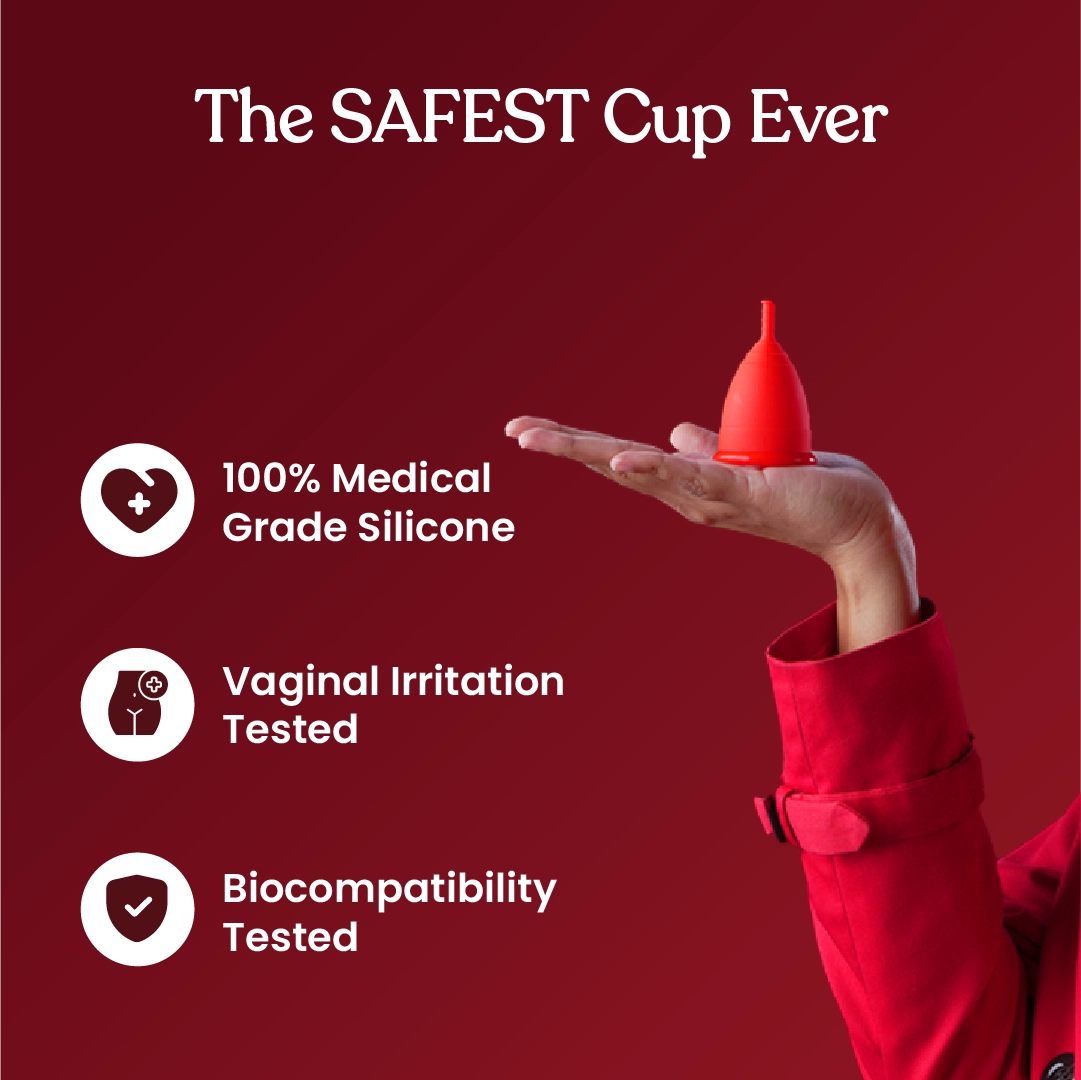 ZOY menstrual cup features infographic showing 100 percent medical silicone, original bell shape and hypoallergenic period protection