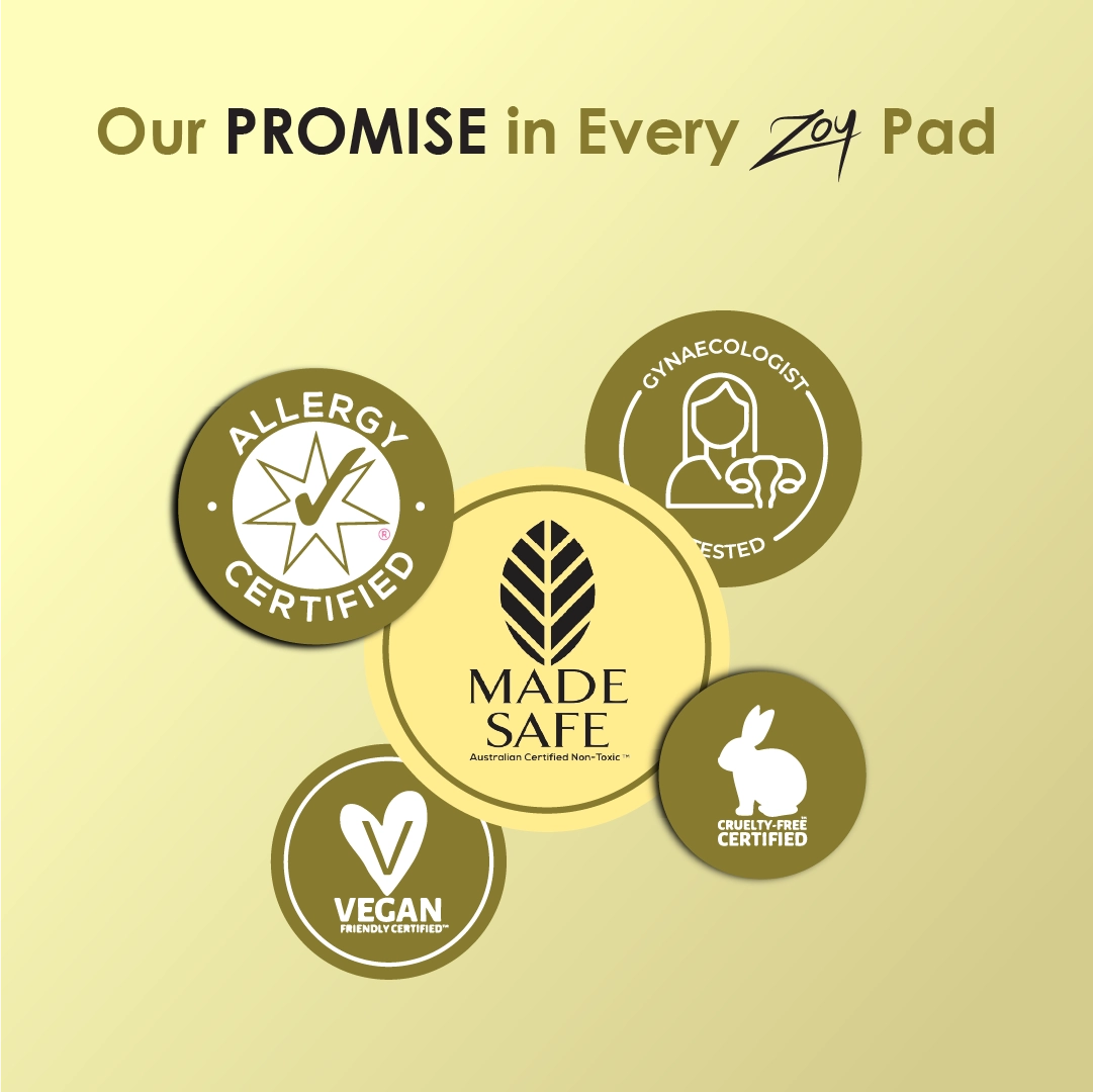 Zoy Snow Lotus sanitary pad promise - certified safe, organic, herbal and dermatologically tested period care for women