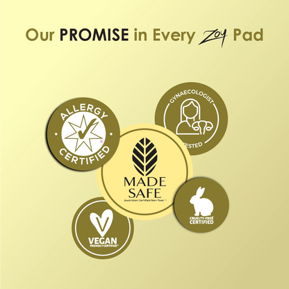 Zoy Snow Lotus sanitary pad promise - certified safe, organic, herbal and dermatologically tested period care for women