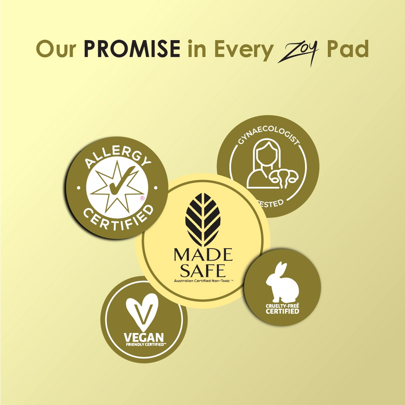 Zoy Snow Lotus sanitary pad promise - certified safe, organic, herbal and dermatologically tested period care for women